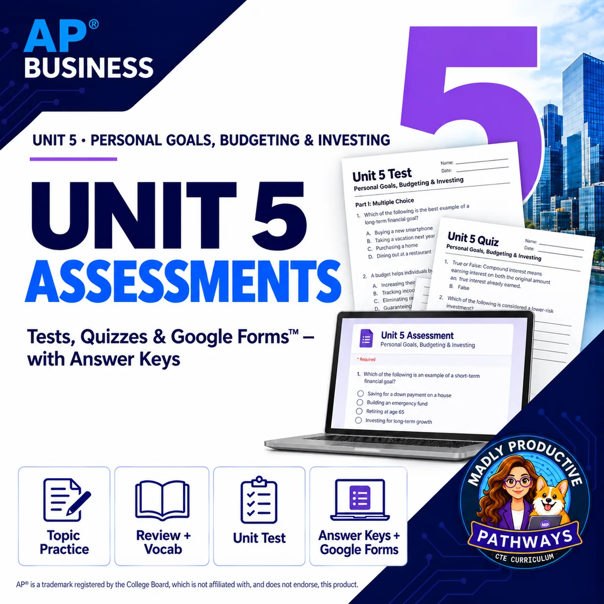 AP Business Unit 5 Assessments: every check for understanding for Personal Goals, Budgeting & Investing, with answer keys