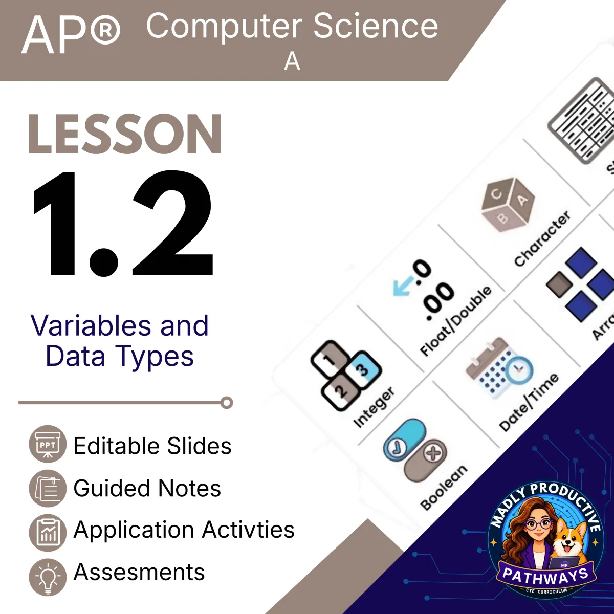 AP Computer Science A Lesson 1.2 cover, Variables and Data Types