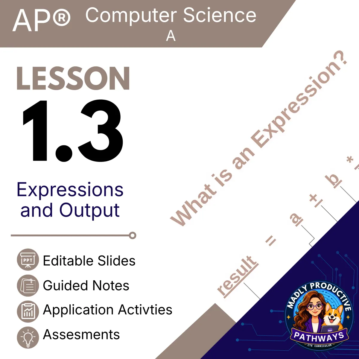 AP Computer Science A Lesson 1.3 cover, Expressions and Output