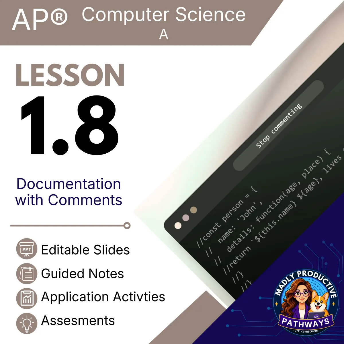 AP Computer Science A Lesson 1.8 cover, Documentation with Comments