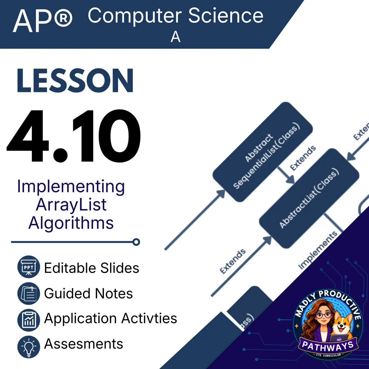 AP Computer Science A Lesson 4.10 cover, Implementing ArrayList Algorithms