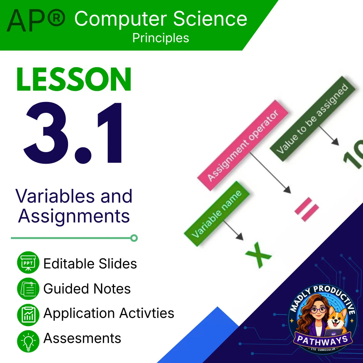 AP Computer Science Principles Lesson 3.1 cover, Variables and Assignments