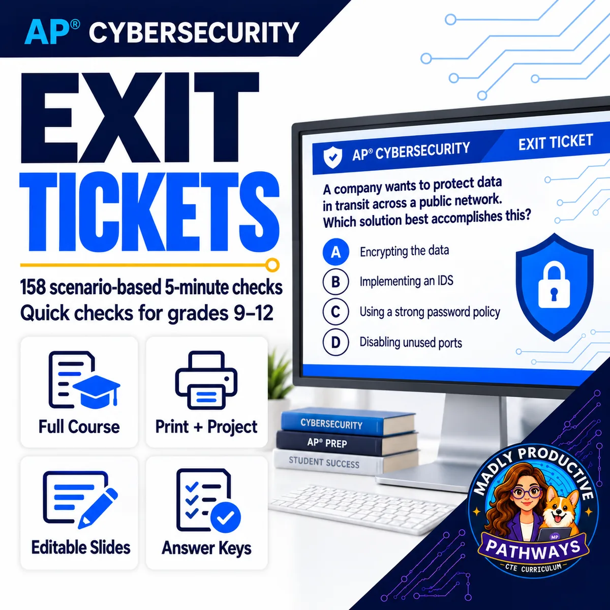 AP Cybersecurity Exit Tickets: 158 scenario-based checks with keys and Google Forms