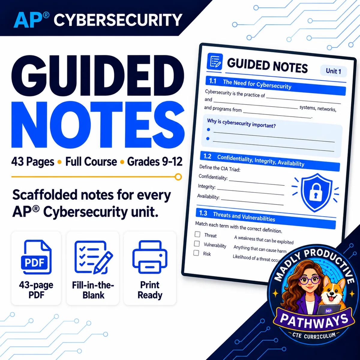 AP Cybersecurity Guided Notes: 24 scaffolded note pages with completed answer keys