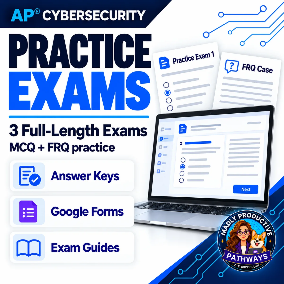 AP Cybersecurity Practice Exams: three full-length exams with keys and Google Forms
