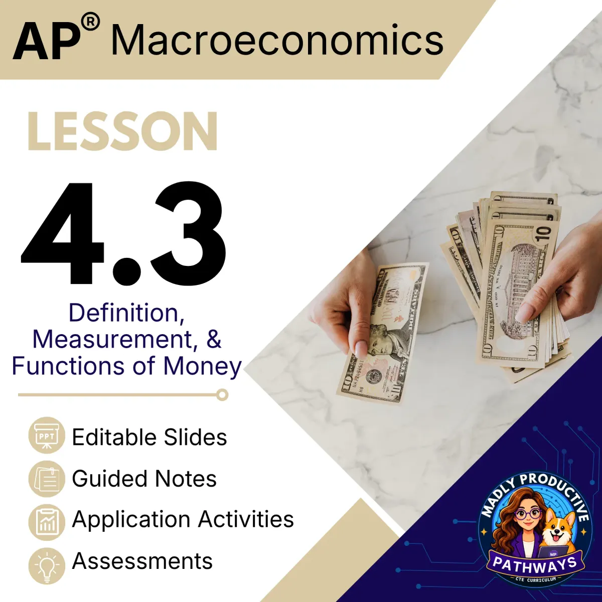 AP Macroeconomics Lesson 4.3 cover, Definition Measurement and Functions of Money