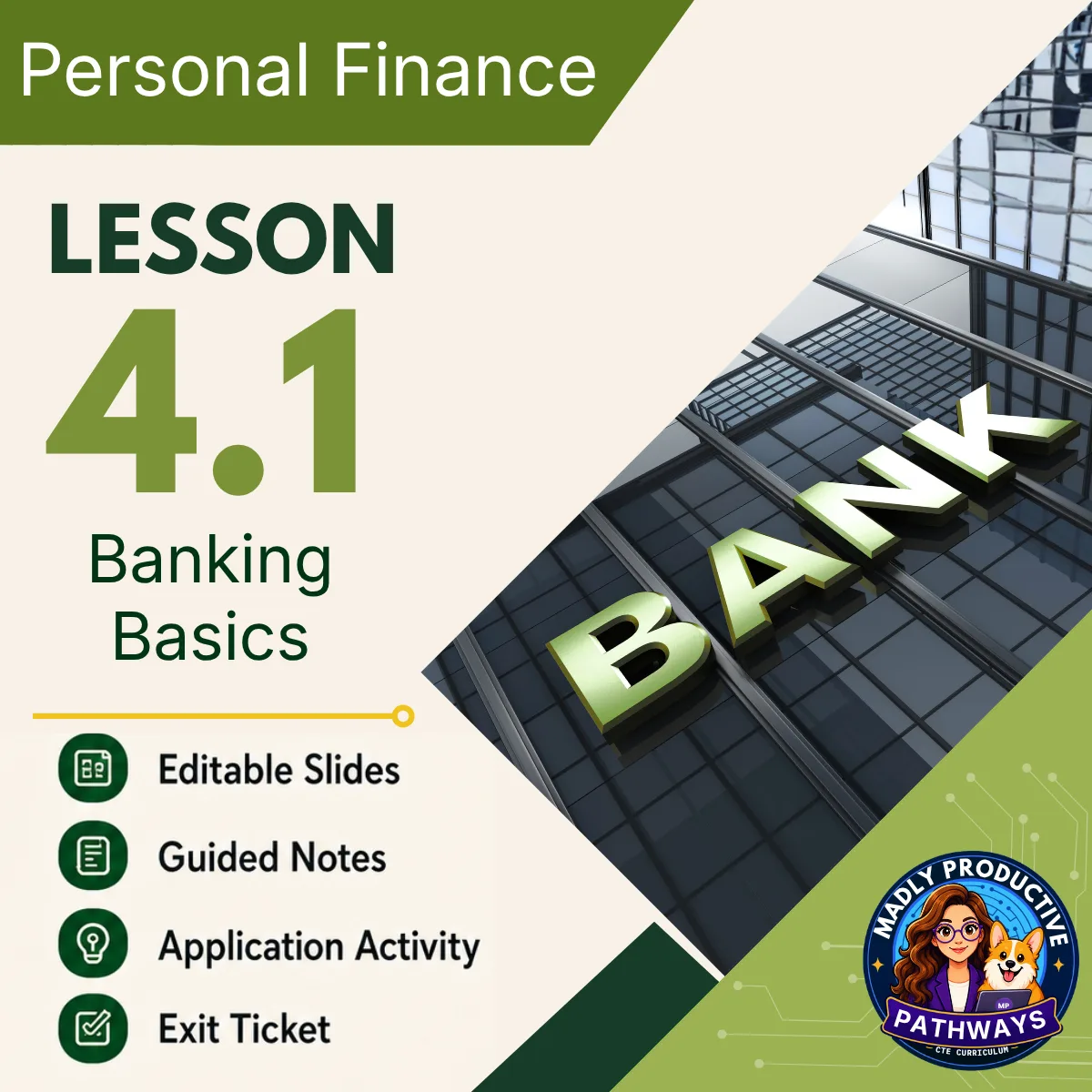 Personal Finance Lesson 4.1 cover, Banking Basics & Financial Institutions