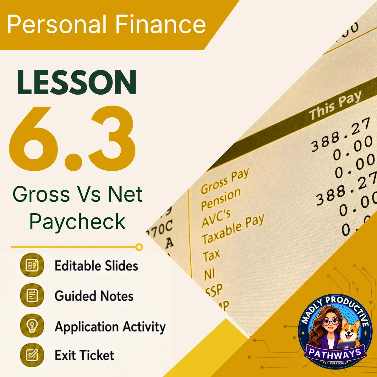 Personal Finance Lesson 6.3 cover, Reading a Paycheck: Gross vs. Net Pay