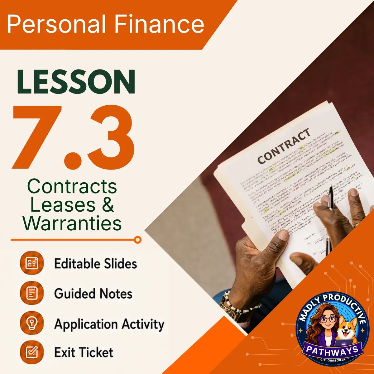 Personal Finance Lesson 7.3 cover, Contracts, Leases & Warranties