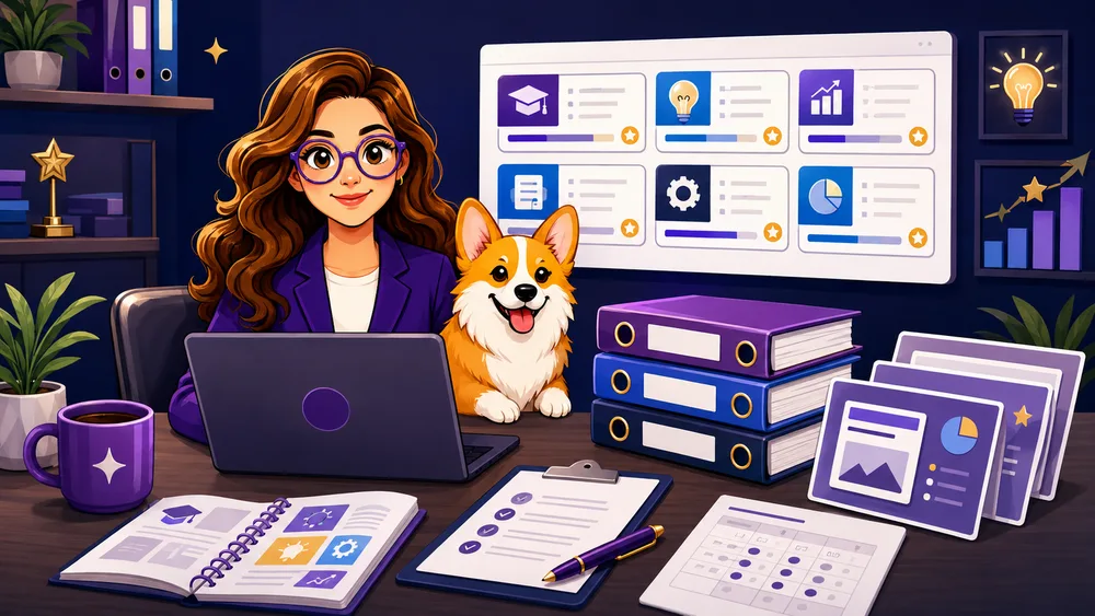 Madi at her desk with curriculum binders and her corgi Sir Winston