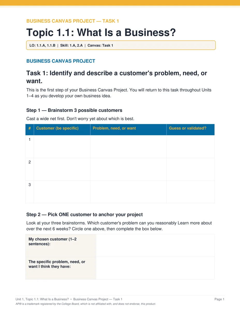 AP Business Unit 1 project task PDF page