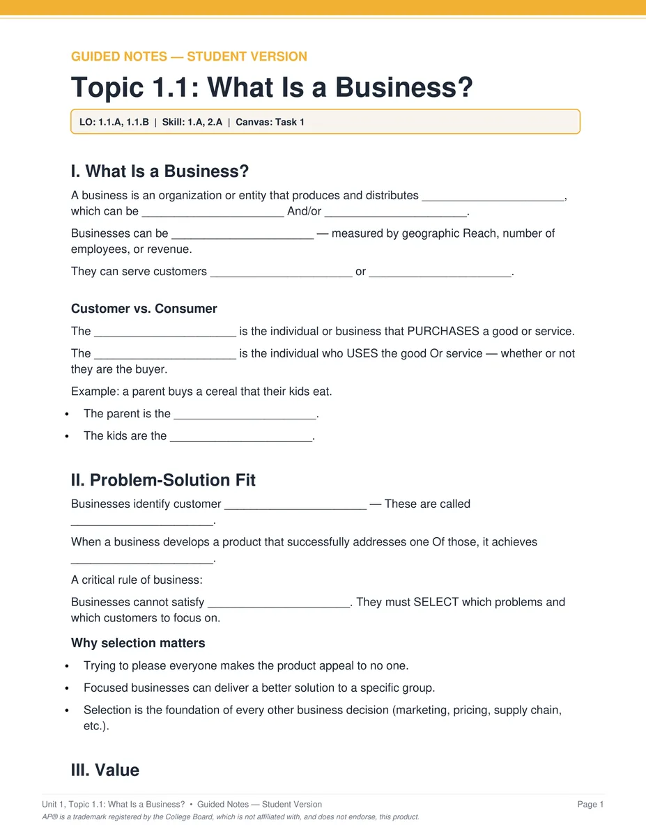 AP Business Unit 1 guided notes PDF page