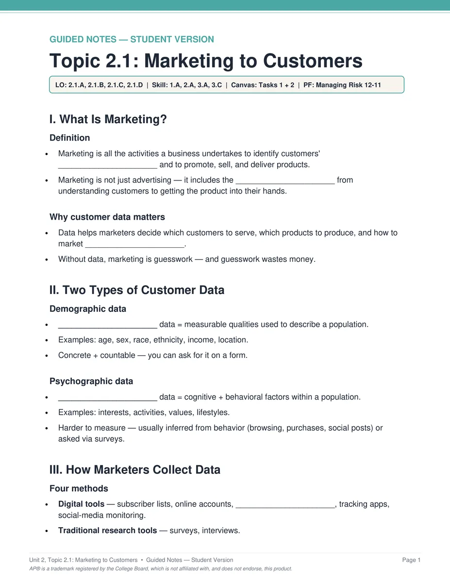 AP Business Unit 2 guided notes PDF page