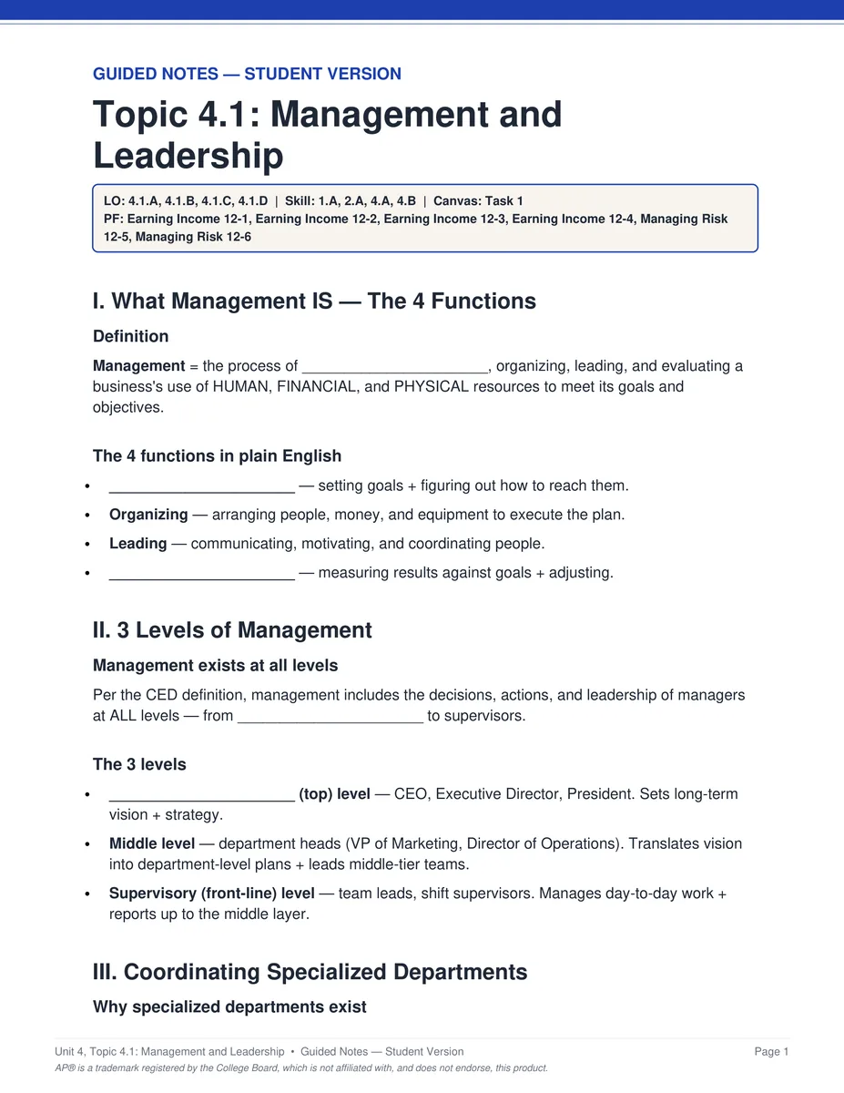 AP Business Unit 4 guided notes PDF page