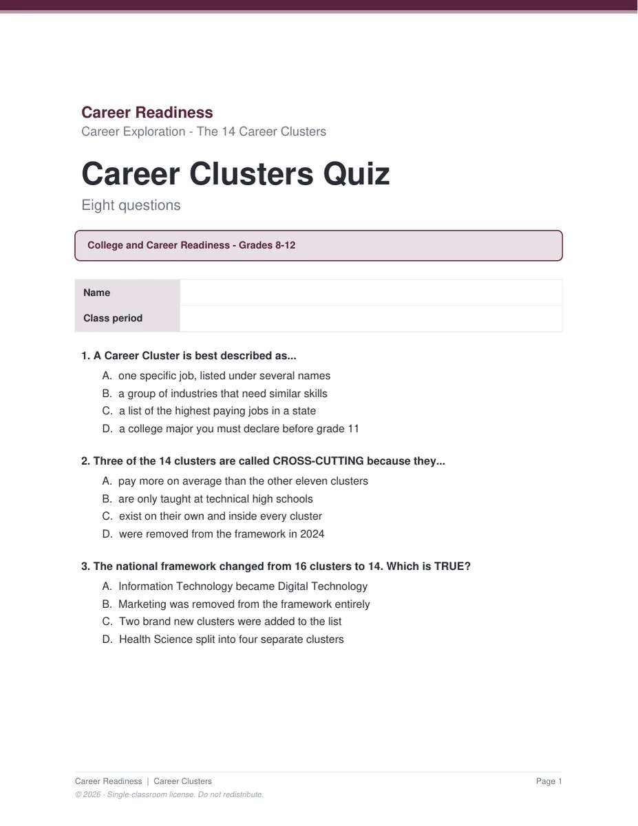 Career Clusters quiz and pitch rubric pages