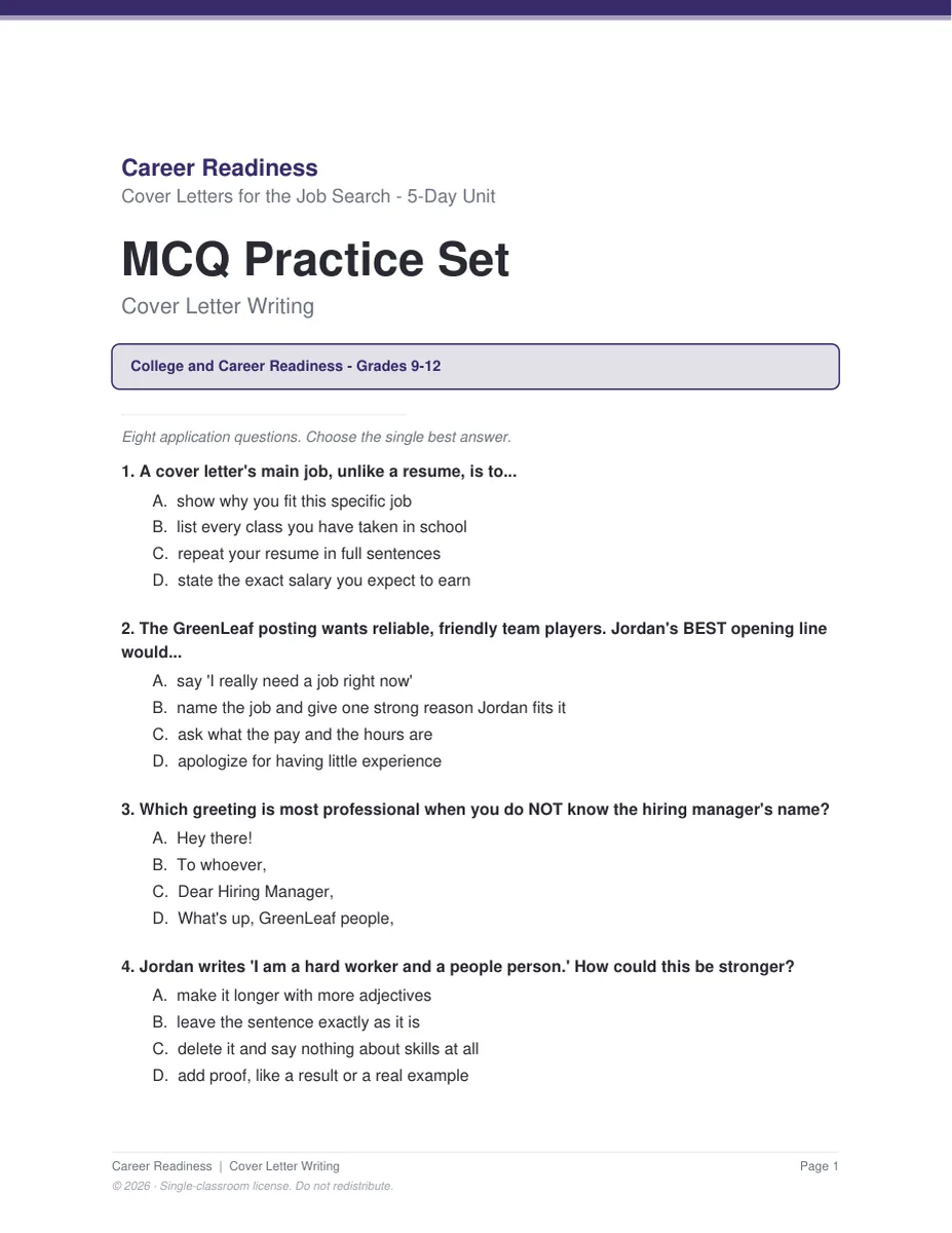 Cover Letter Writing assessment pages