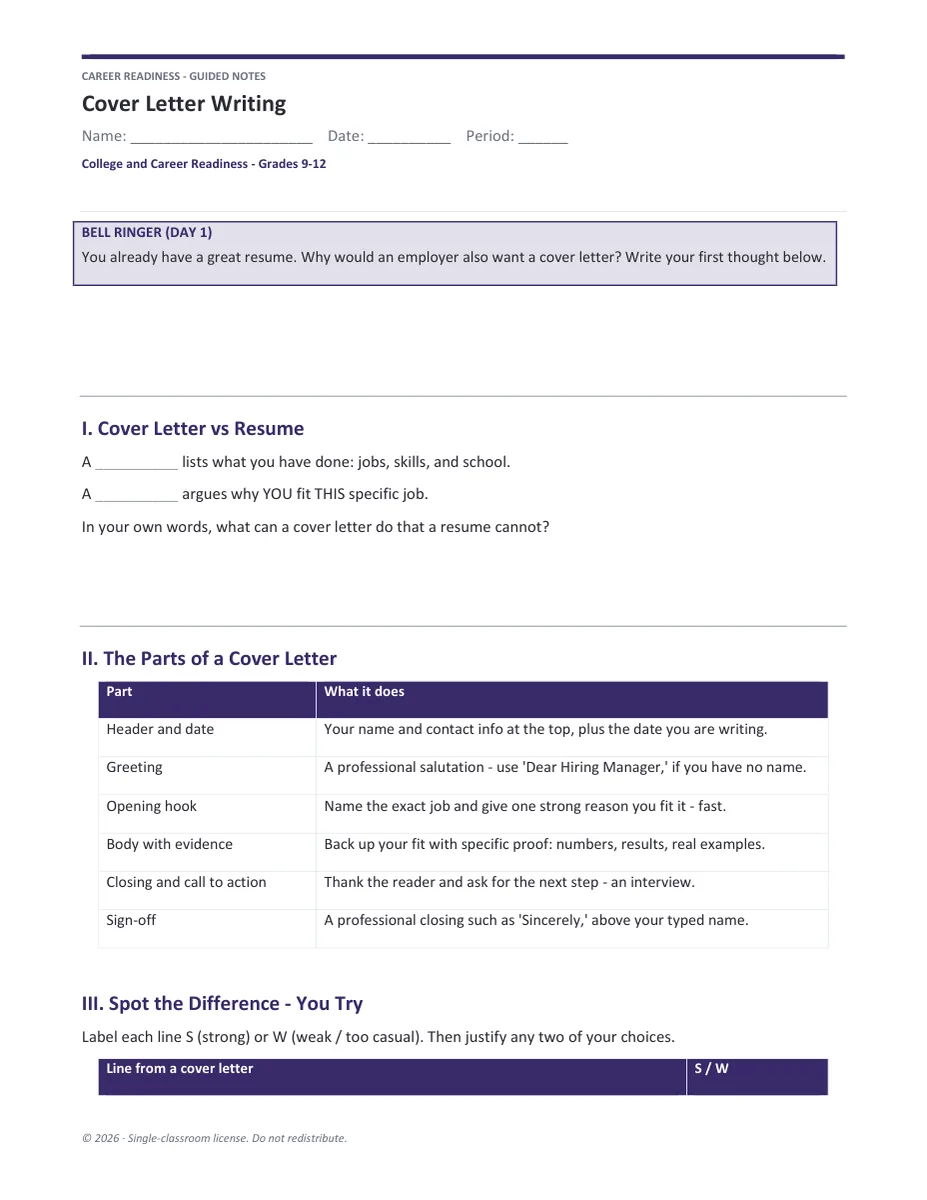 Cover Letter Writing guided notes page
