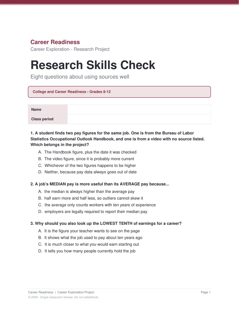 The Research Skills Check and the project rubric
