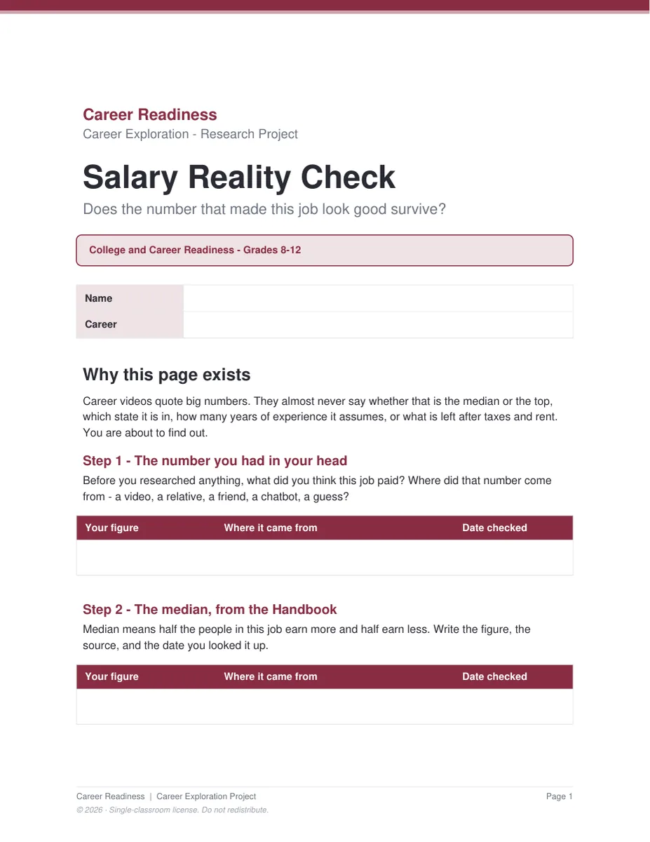 The Salary Reality Check worksheet page