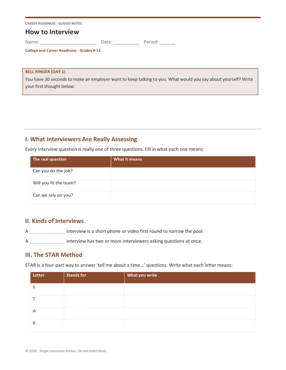 Interview Skills guided notes page