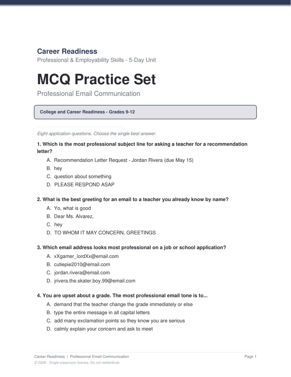 Professional Email assessment pages