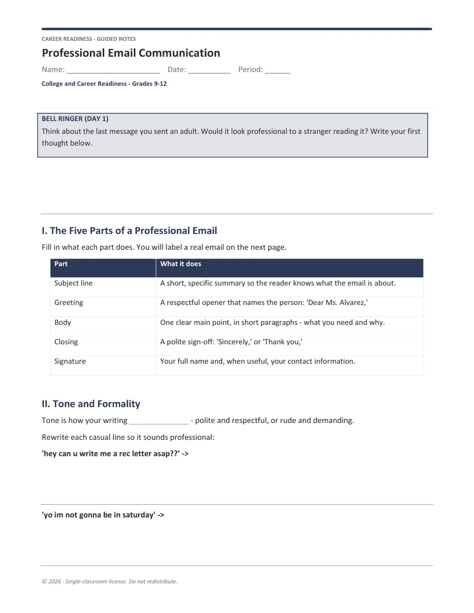 Professional Email guided notes page