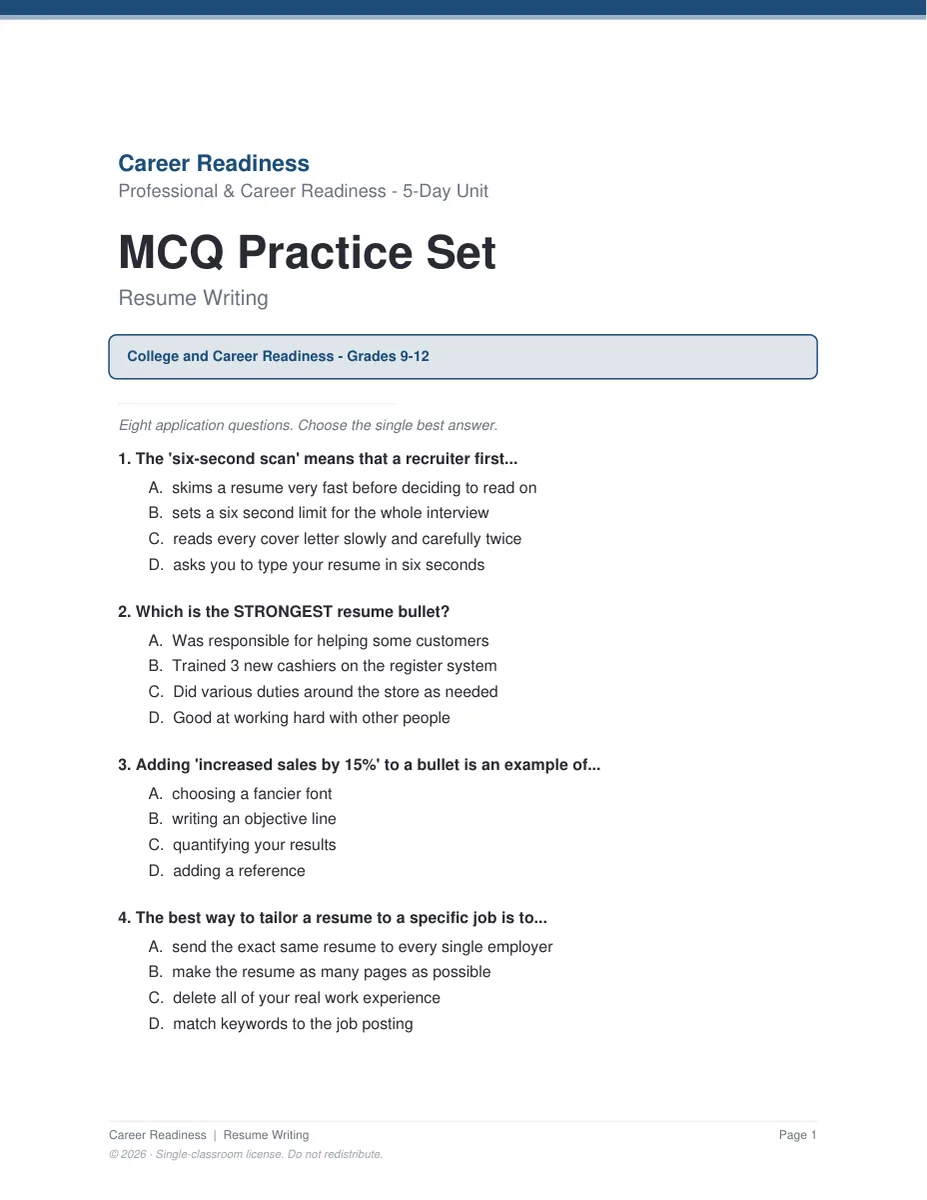 Resume Writing assessment pages