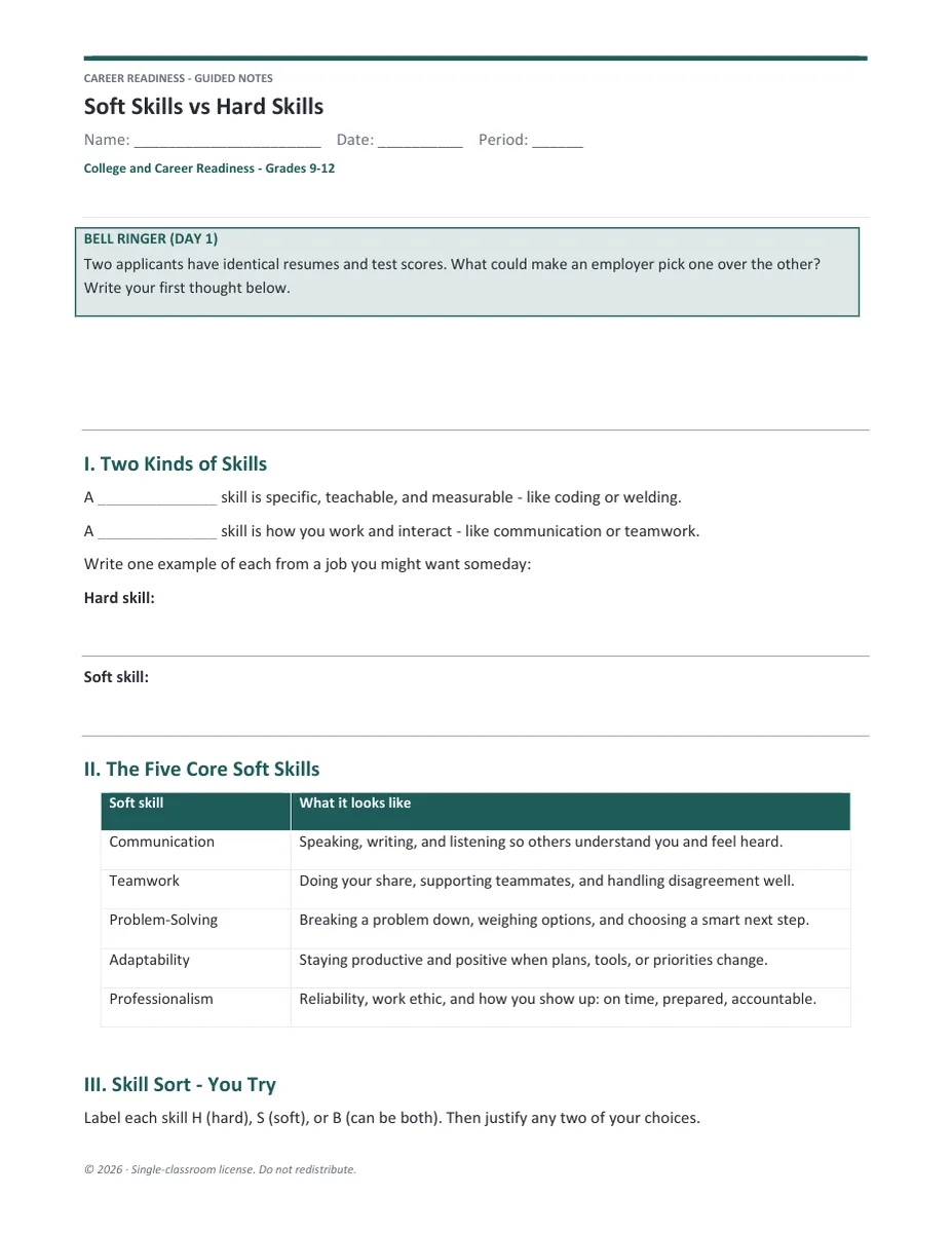 Soft Skills vs Hard Skills guided notes page