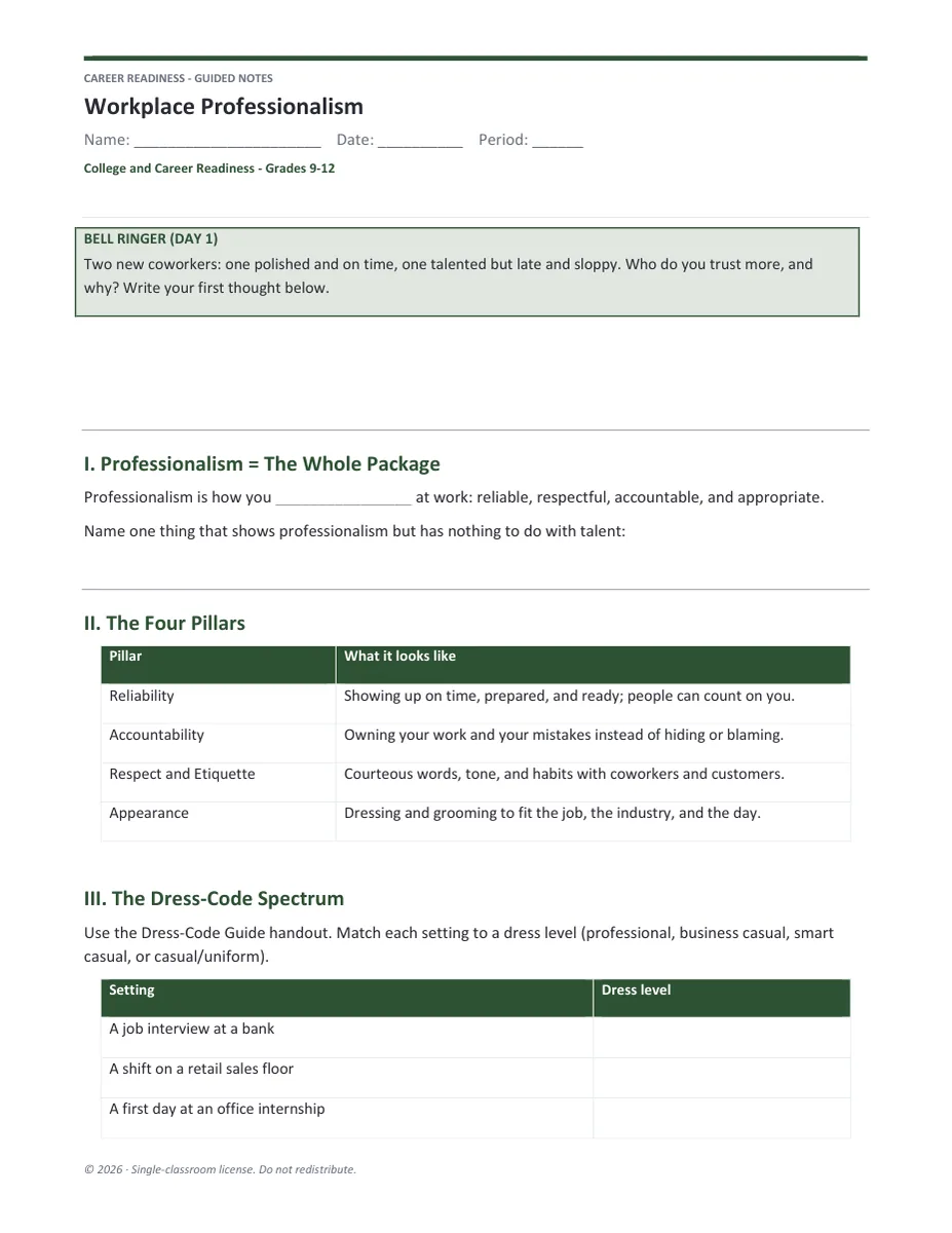 Workplace Professionalism guided notes page