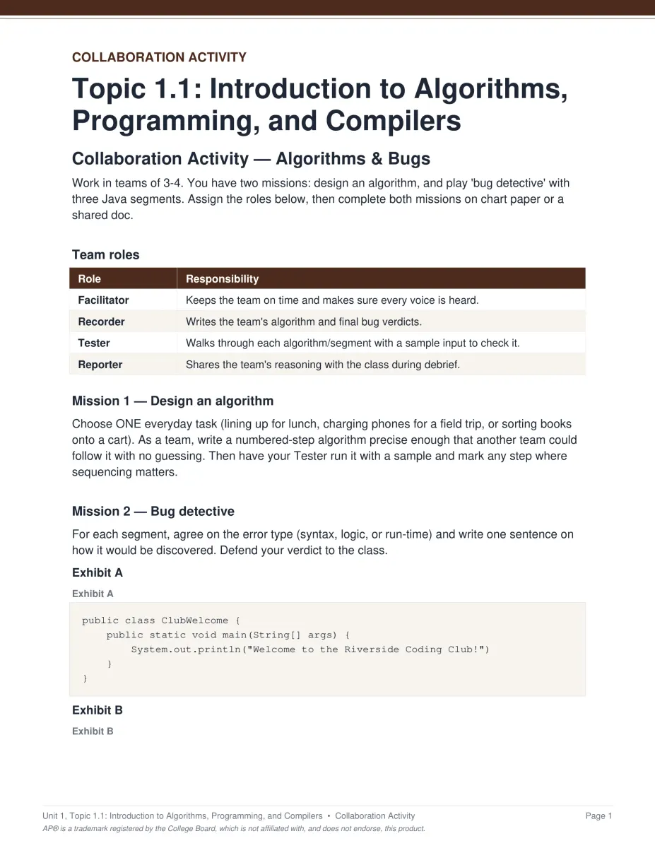 AP Computer Science A Unit 1 activity PDF page