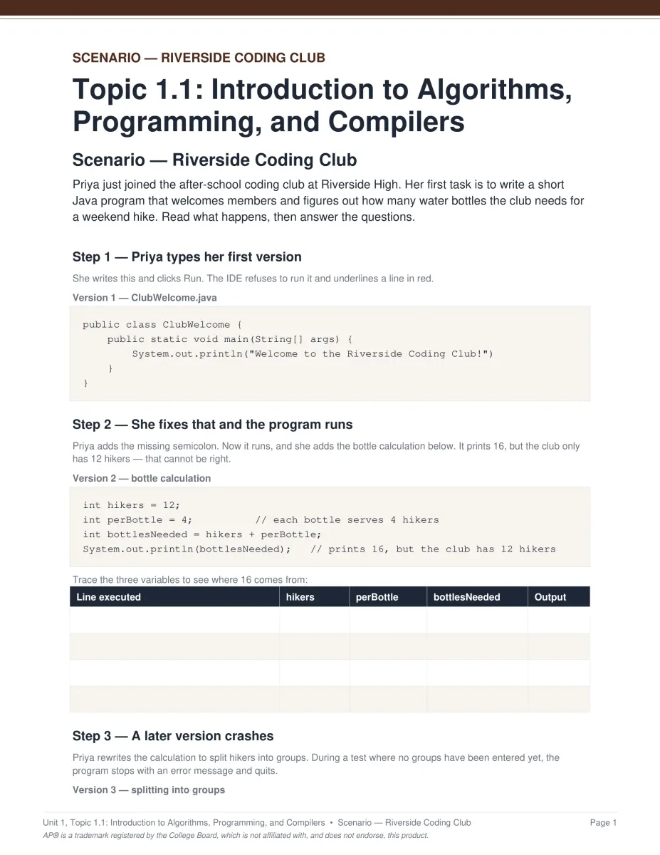 AP Computer Science A Unit 1 scenario PDF page