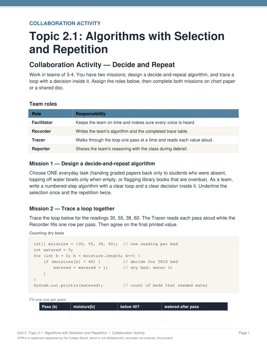 AP Computer Science A Unit 2 activity PDF page