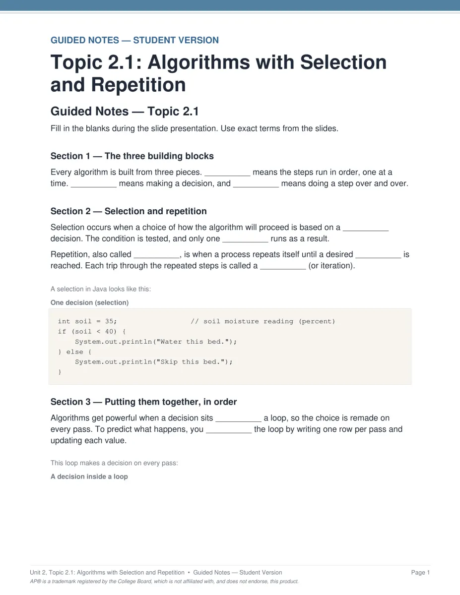 AP Computer Science A Unit 2 guided notes PDF page