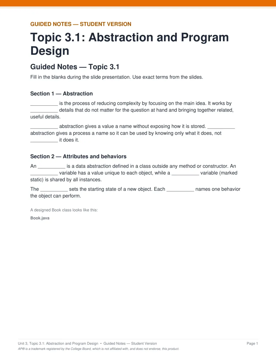 AP Computer Science A Unit 3 guided notes PDF page