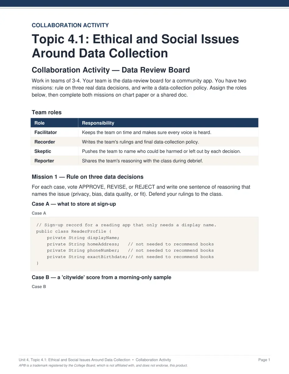 AP Computer Science A Unit 4 activity PDF page