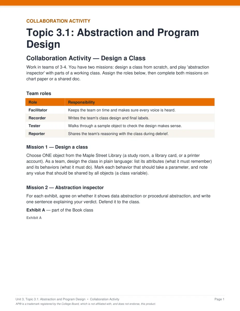 AP Computer Science A course activity PDF page