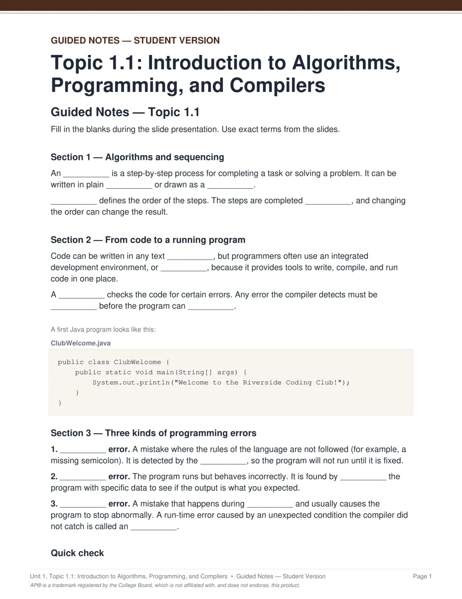 AP Computer Science A course guided notes PDF page