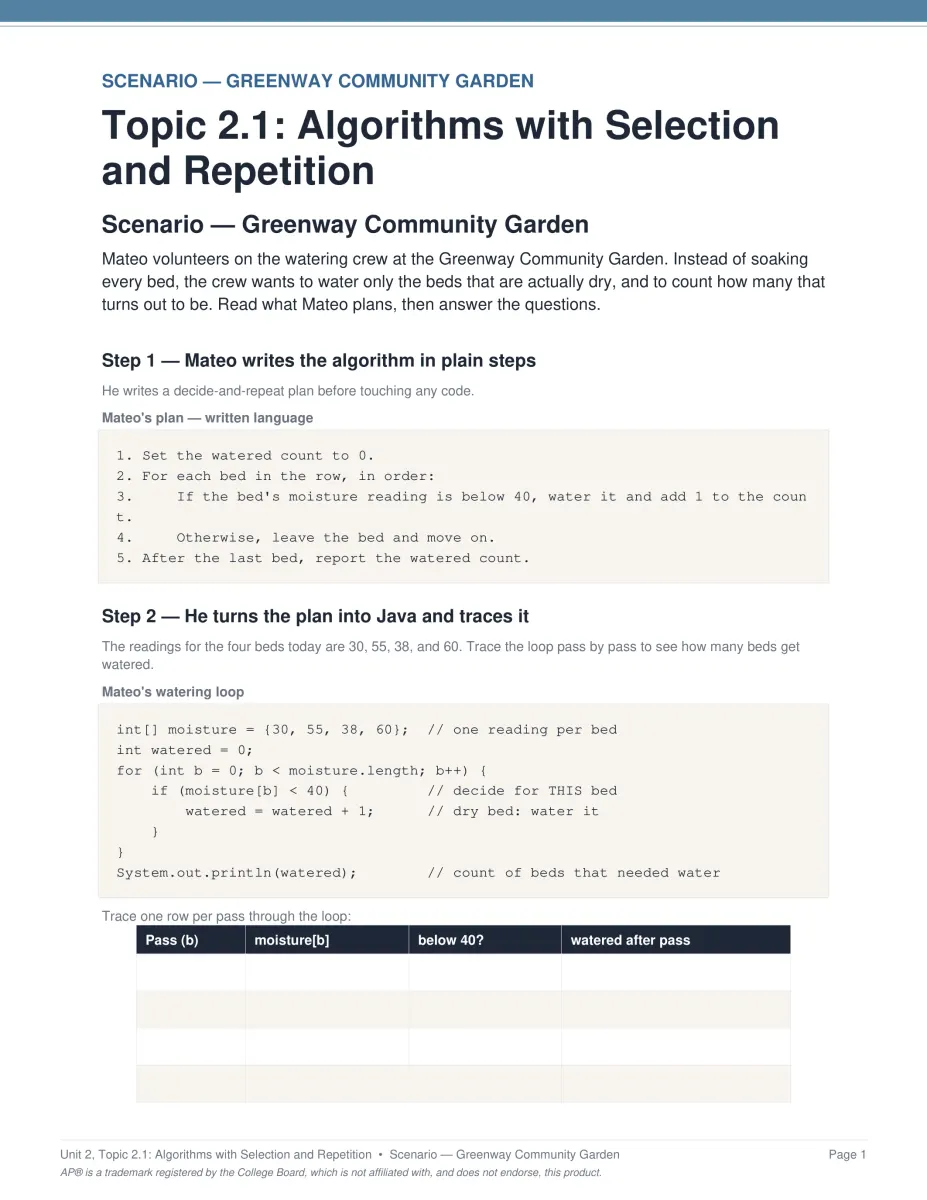 AP Computer Science A course scenario PDF page