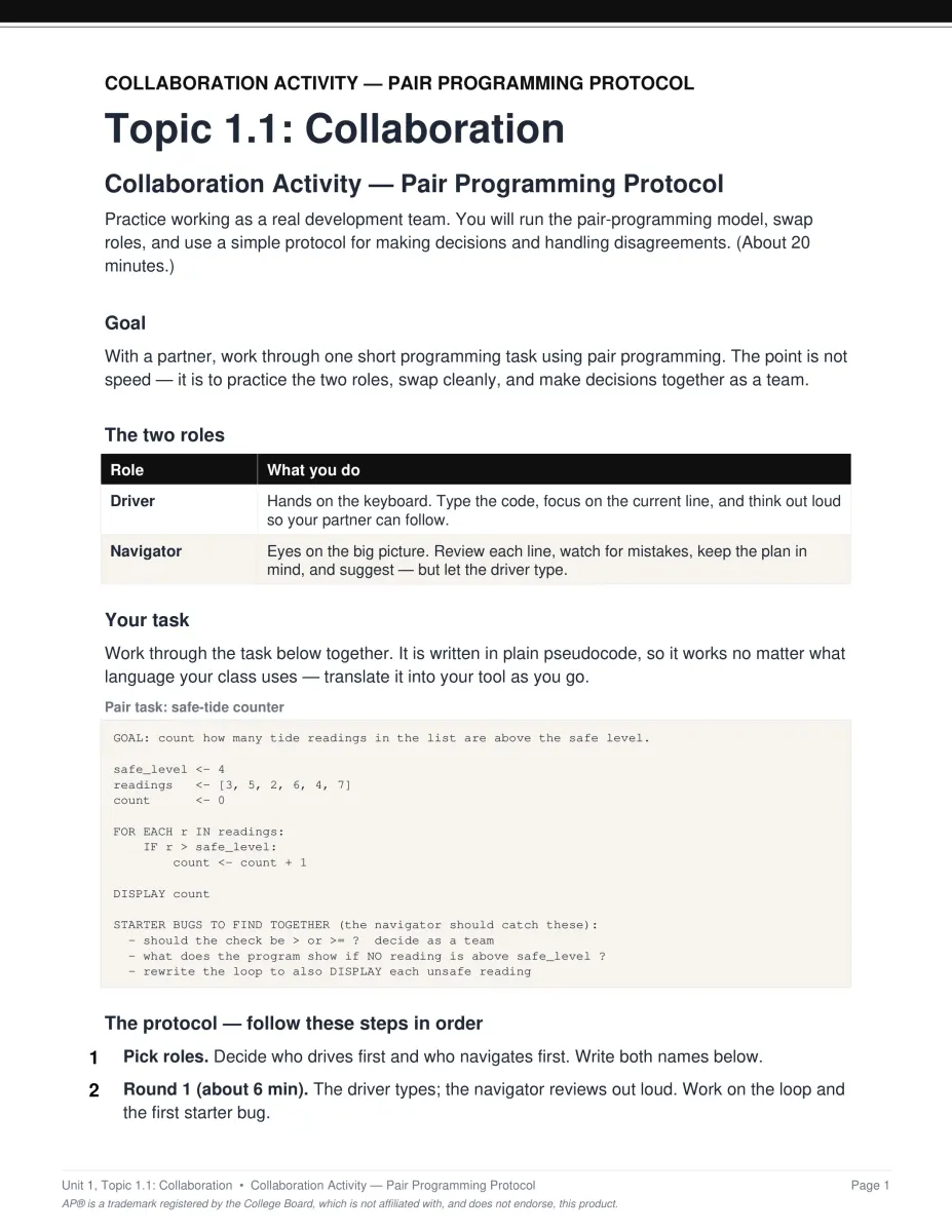 AP Computer Science Principles Unit 1 activity PDF page