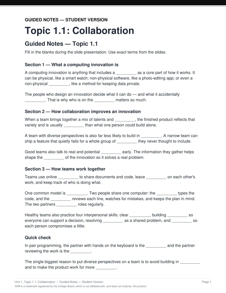 AP Computer Science Principles Unit 1 guided notes PDF page