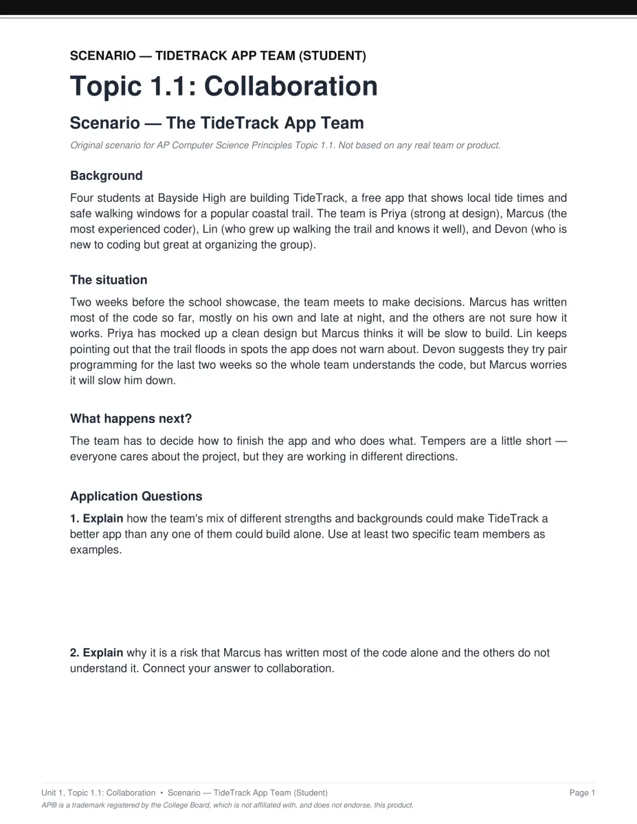 AP Computer Science Principles Unit 1 scenario PDF page