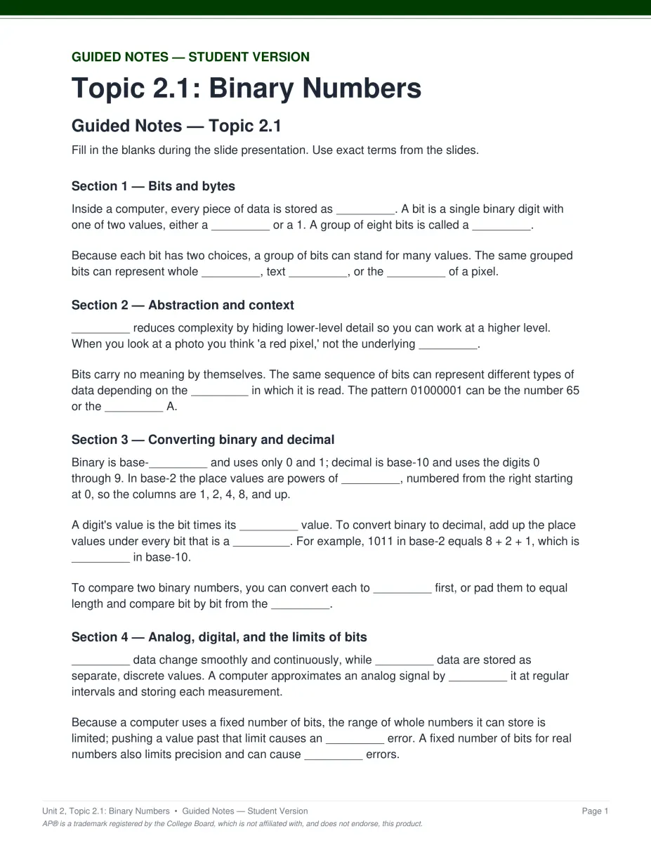 AP Computer Science Principles Unit 2 guided notes PDF page