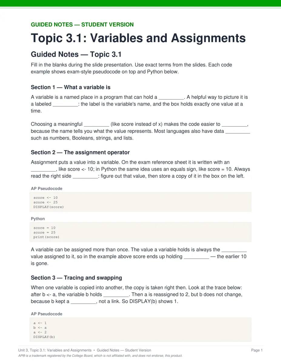 AP Computer Science Principles Unit 3 guided notes PDF page