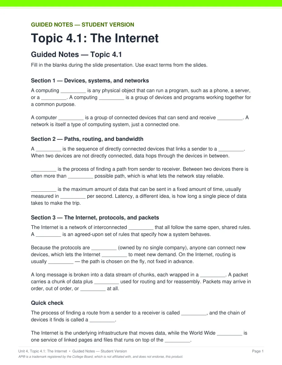 AP Computer Science Principles Unit 4 guided notes PDF page