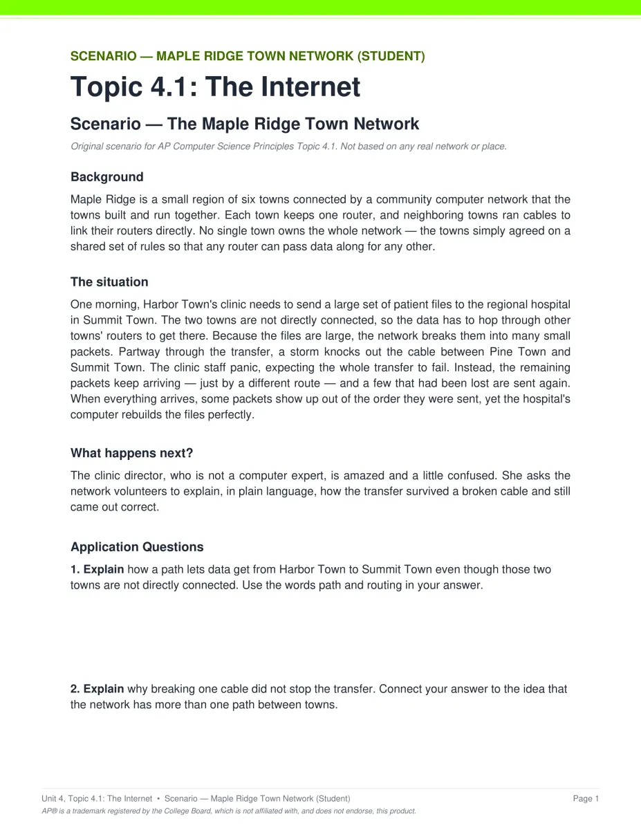 AP Computer Science Principles Unit 4 scenario PDF page