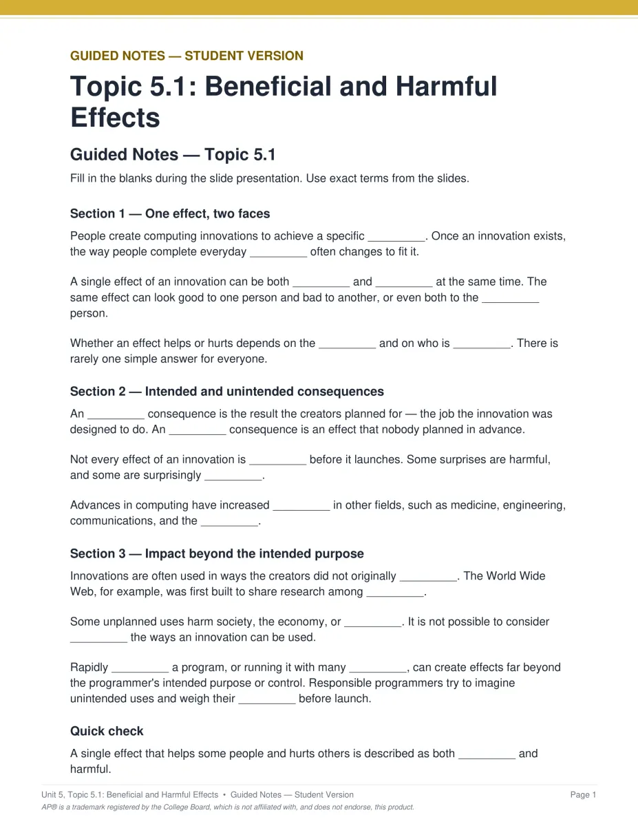 AP Computer Science Principles Unit 5 guided notes PDF page