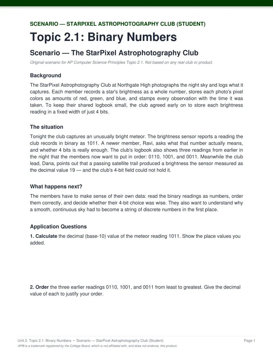 AP Computer Science Principles course scenario PDF page