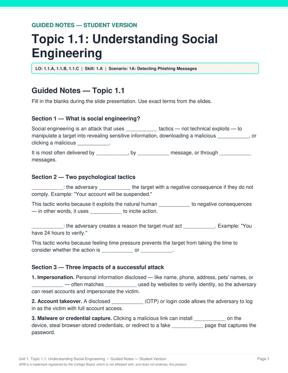 AP Cybersecurity Unit 1 guided notes PDF page