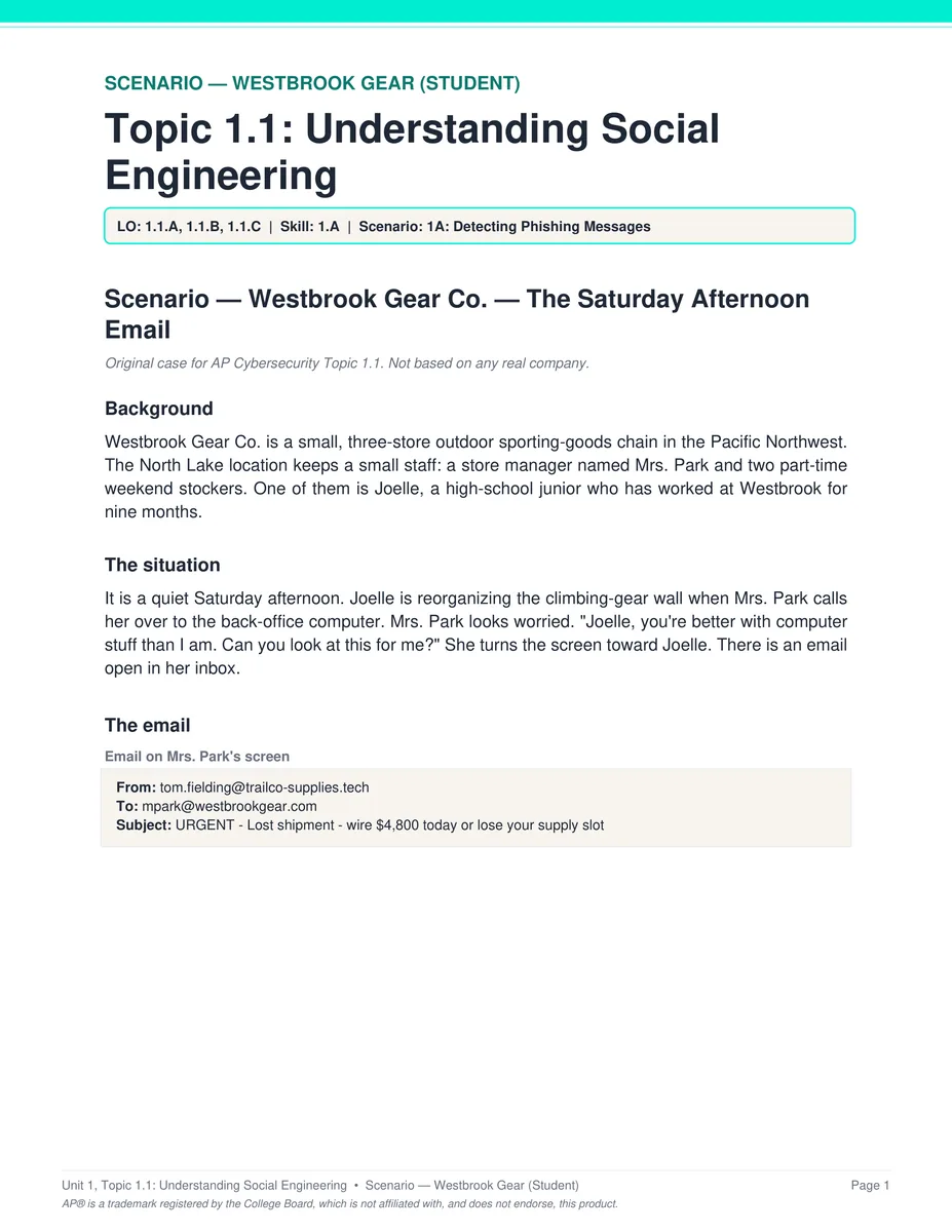 AP Cybersecurity Unit 1 scenario PDF page