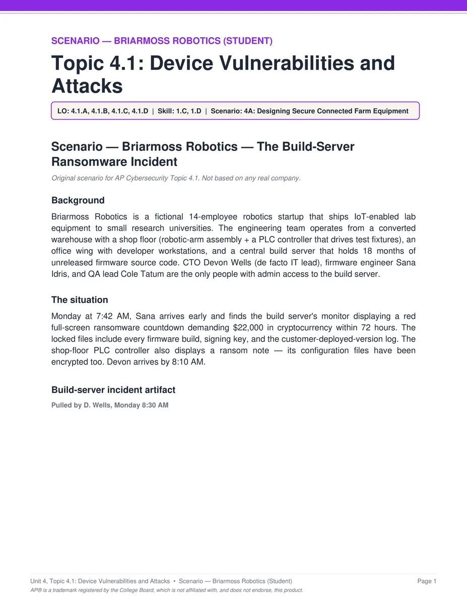 AP Cybersecurity Unit 4 scenario PDF page